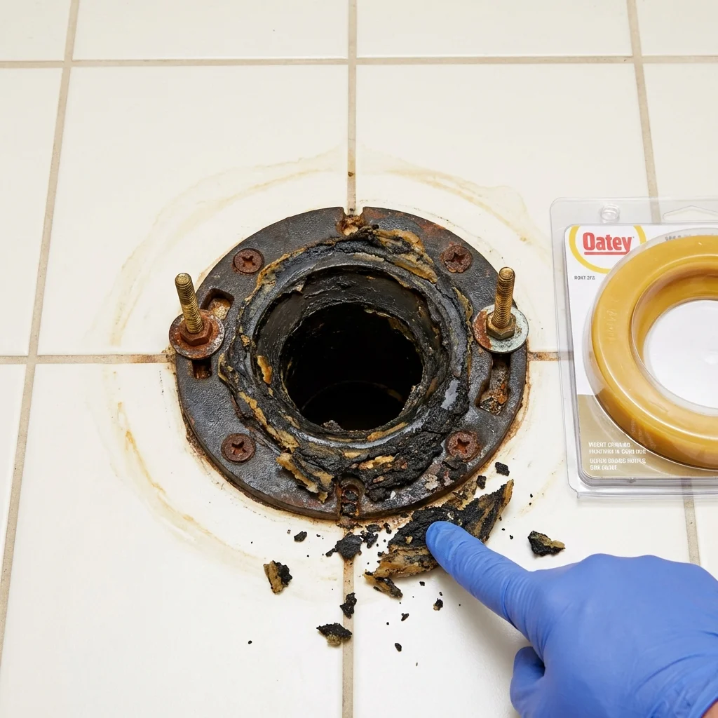 Failed wax ring showing water seepage at the base of a toilet in a Strawberry Point, IA home
