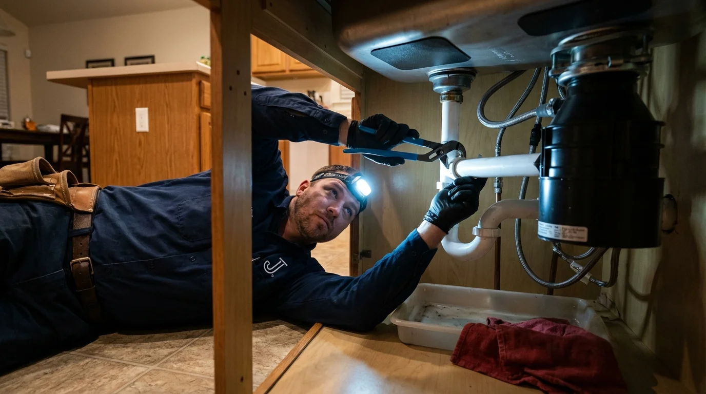 P-trap and supply line connections under a kitchen sink showing a common leak point in Strawberry Point, IA